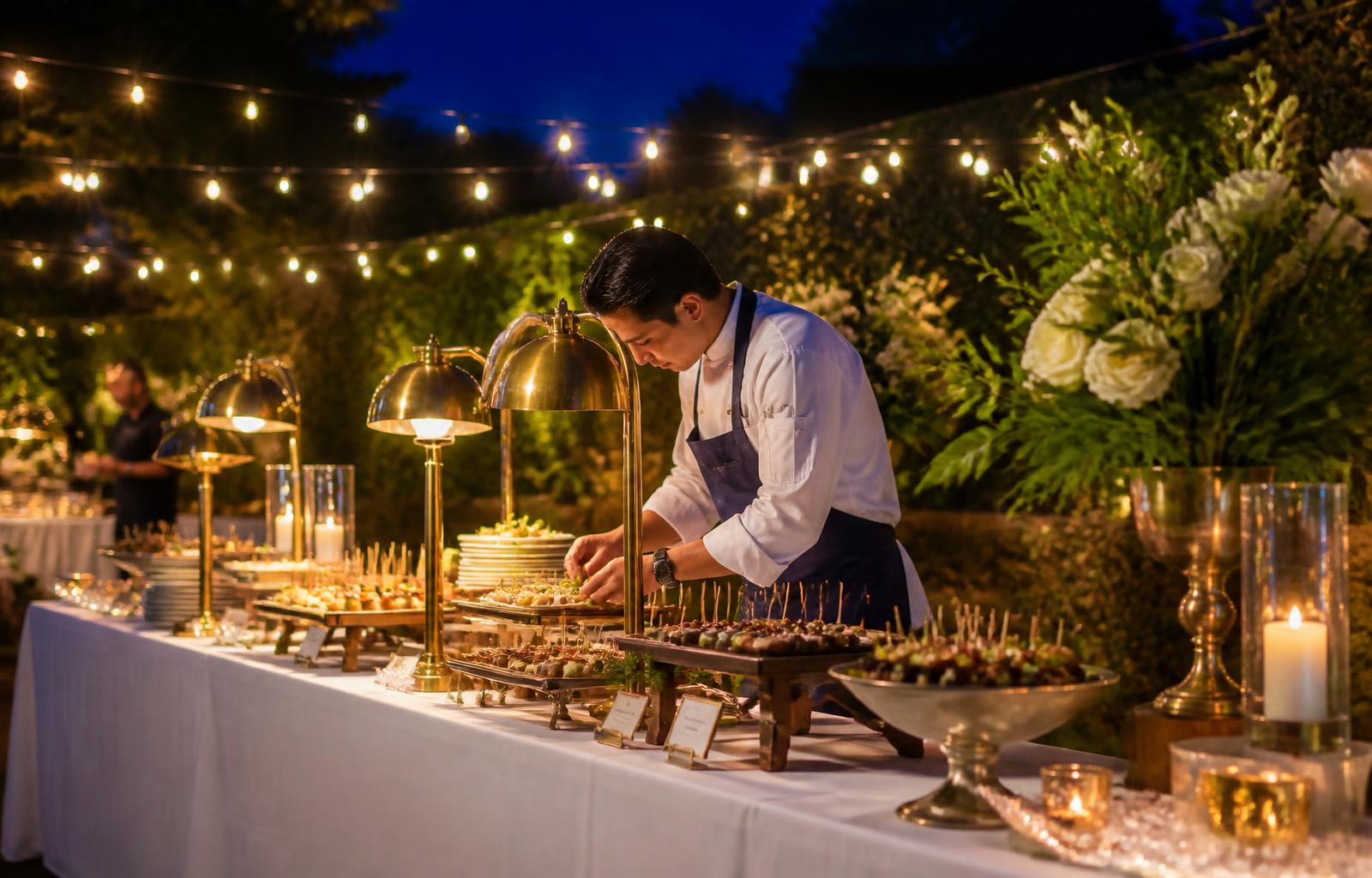 Elegantes Catering-Buffet im Garten mit warmem Abendlicht