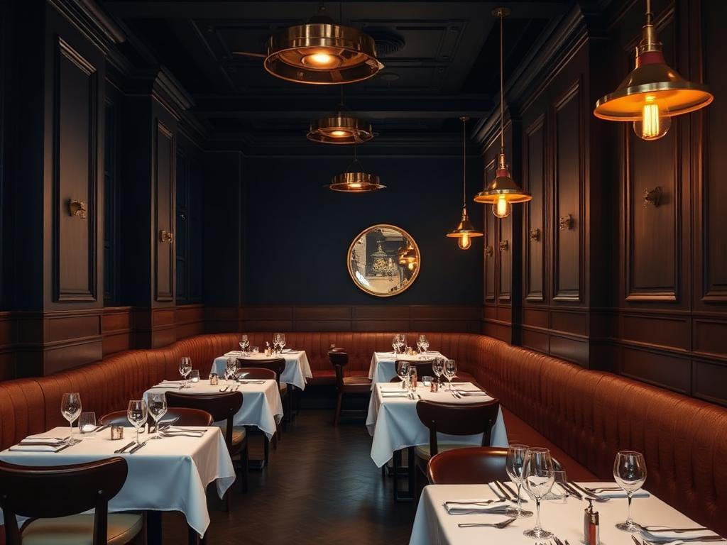 Eleganter Innenraum des Restaurants Seeflamme mit dunklem Holz und warmem Licht