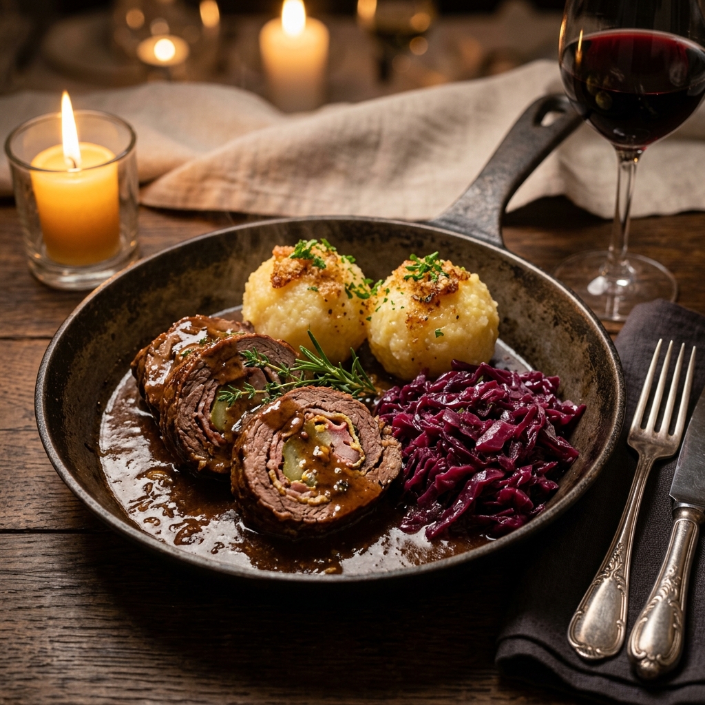 Traditioneller Braten mit Klößen in gusseiserner Pfanne