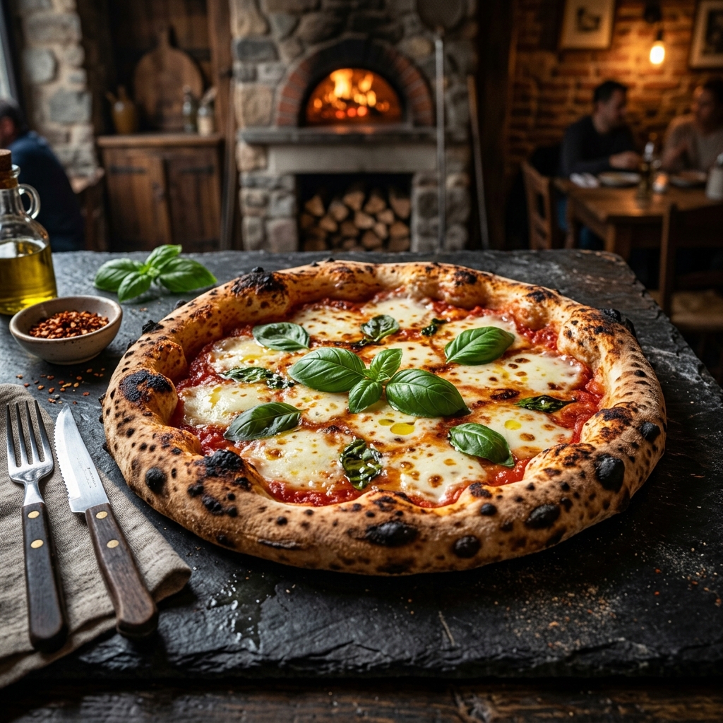 Steinofenpizza mit frischem Basilikum