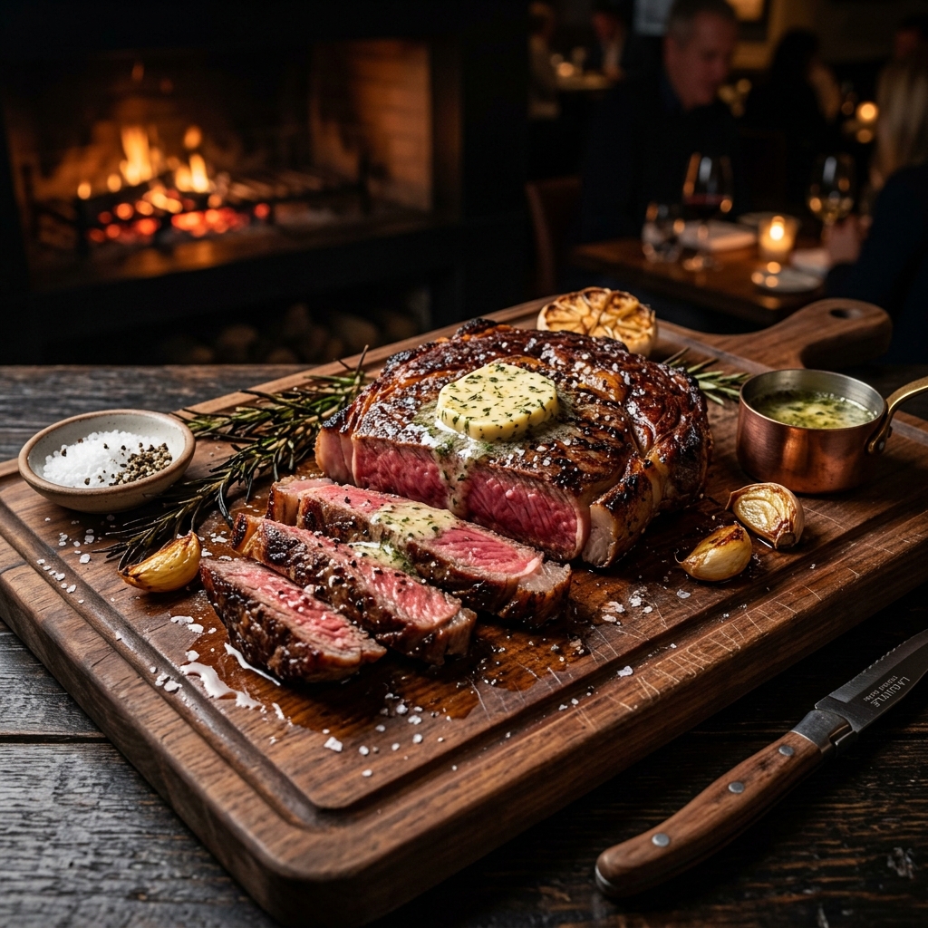 Gegrilltes Dry-Aged-Steak auf Holzbrett