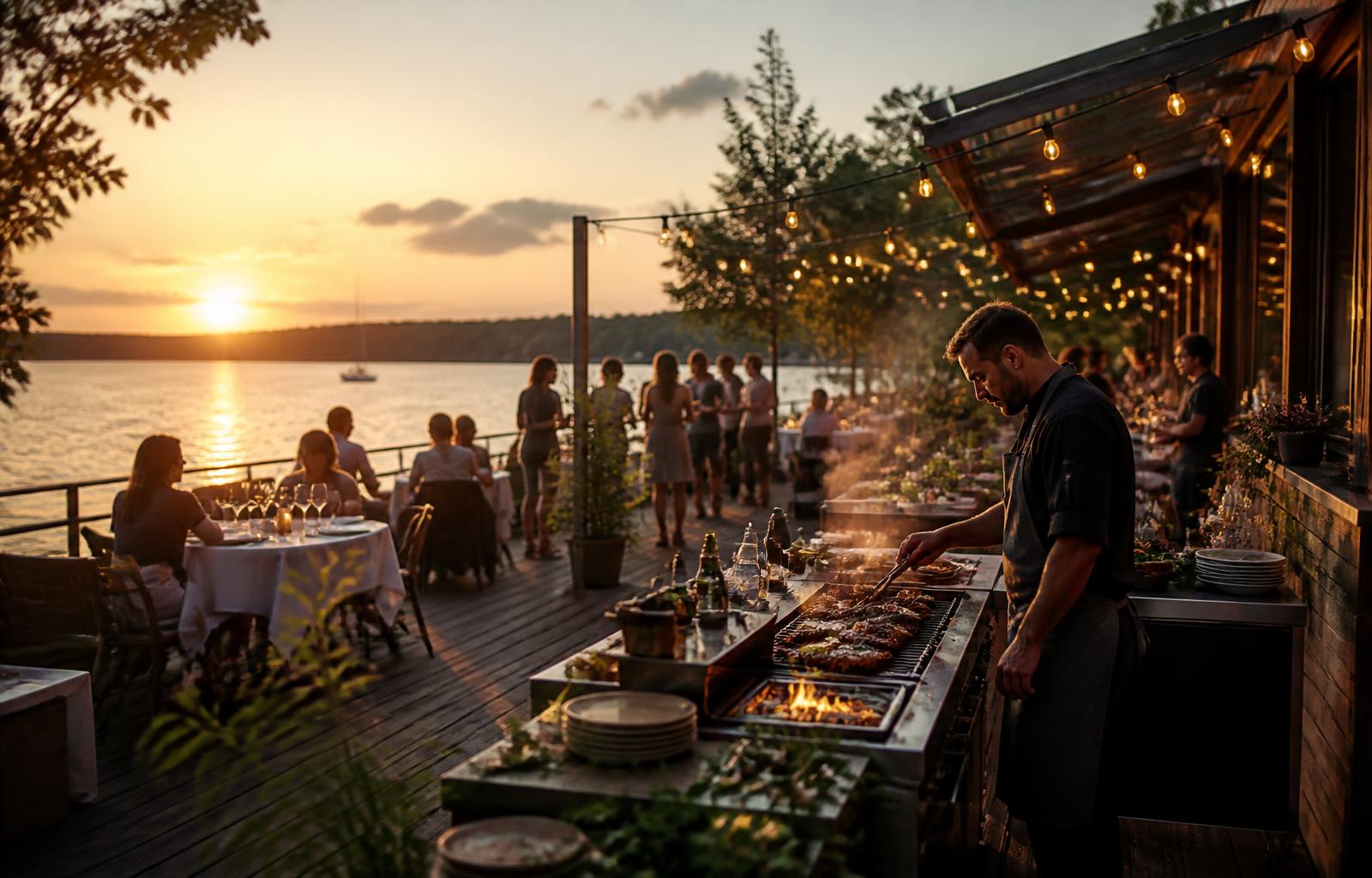 Sommerliches BBQ auf der Terrasse des Restaurants Seeflamme am Wasser
